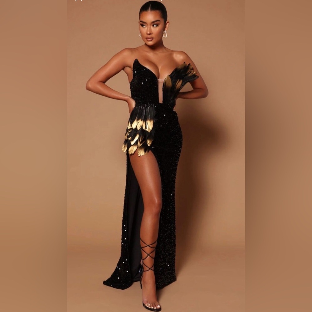 Black Evening Gown with Gold Feather Detail